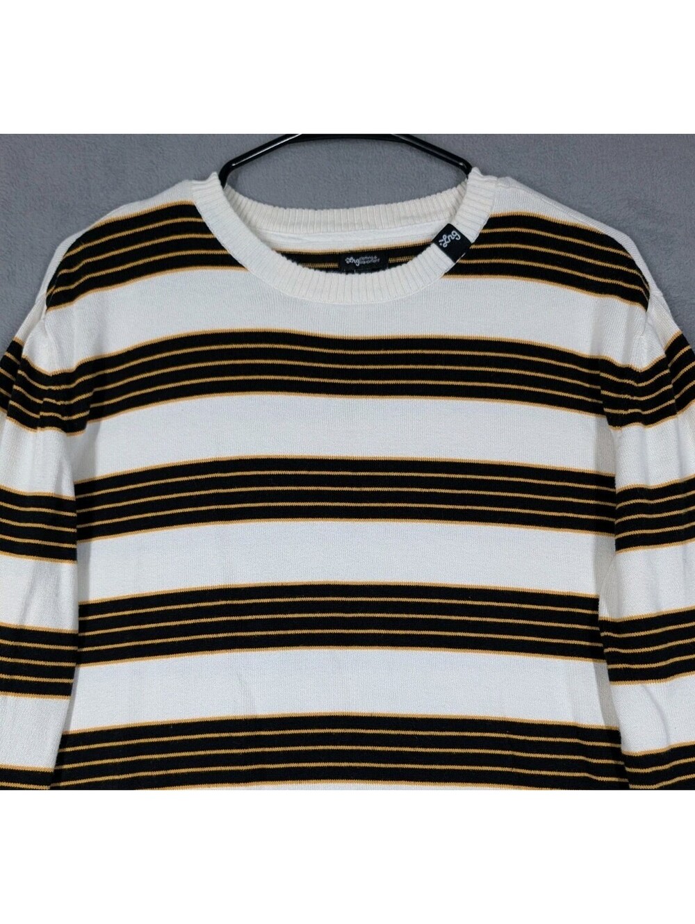 LRG Mens Large Cream Black Gold Striped Crewneck Sweater Y2K Streetwear Knitwear